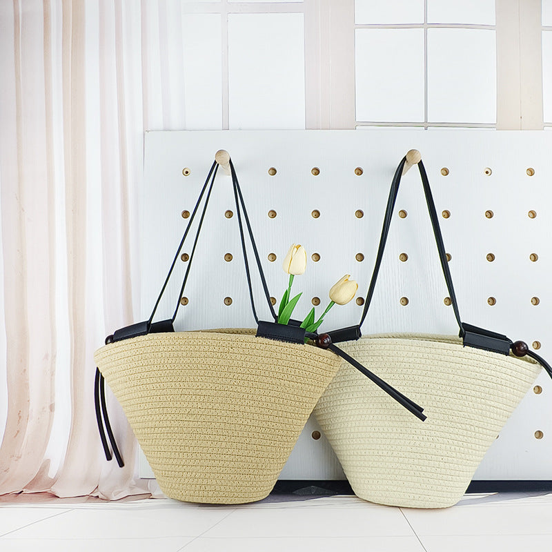 Simple Shoulder Large Capacity Cotton Bag Cotton Rope Woven Women's Commuter Bag Tote Bag Leisure Holiday Beach Bag