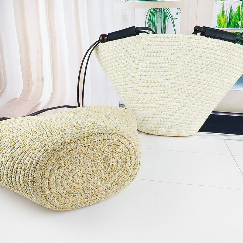 Simple Shoulder Large Capacity Cotton Bag Cotton Rope Woven Women's Commuter Bag Tote Bag Leisure Holiday Beach Bag