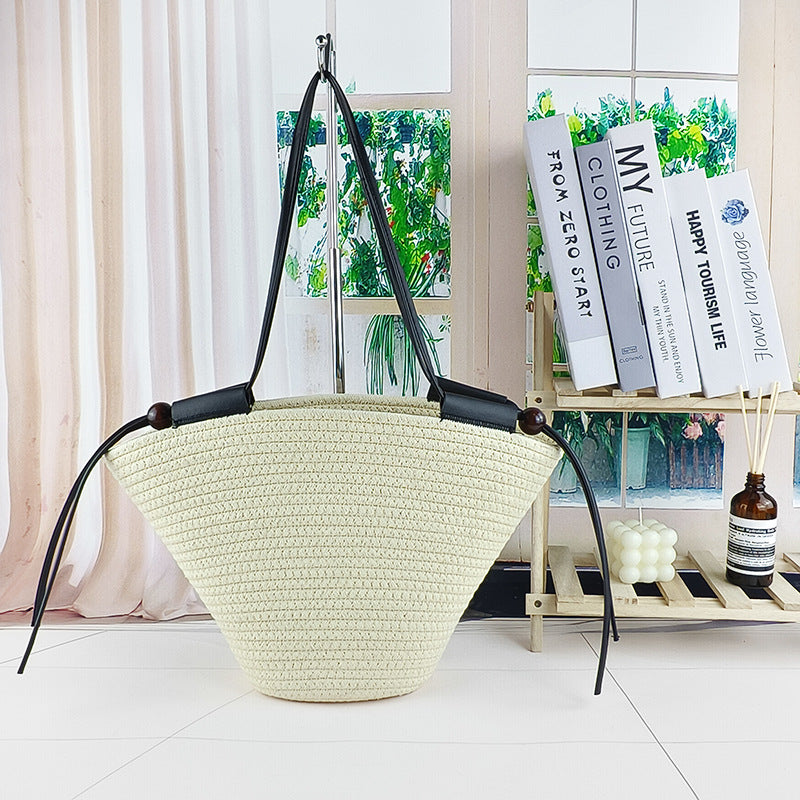Simple Shoulder Large Capacity Cotton Bag Cotton Rope Woven Women's Commuter Bag Tote Bag Leisure Holiday Beach Bag
